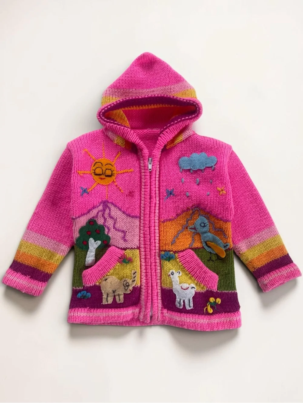HANDMADE Neon Folk Art Storybook Landscape Hooded Knit Zip Up Cardigan